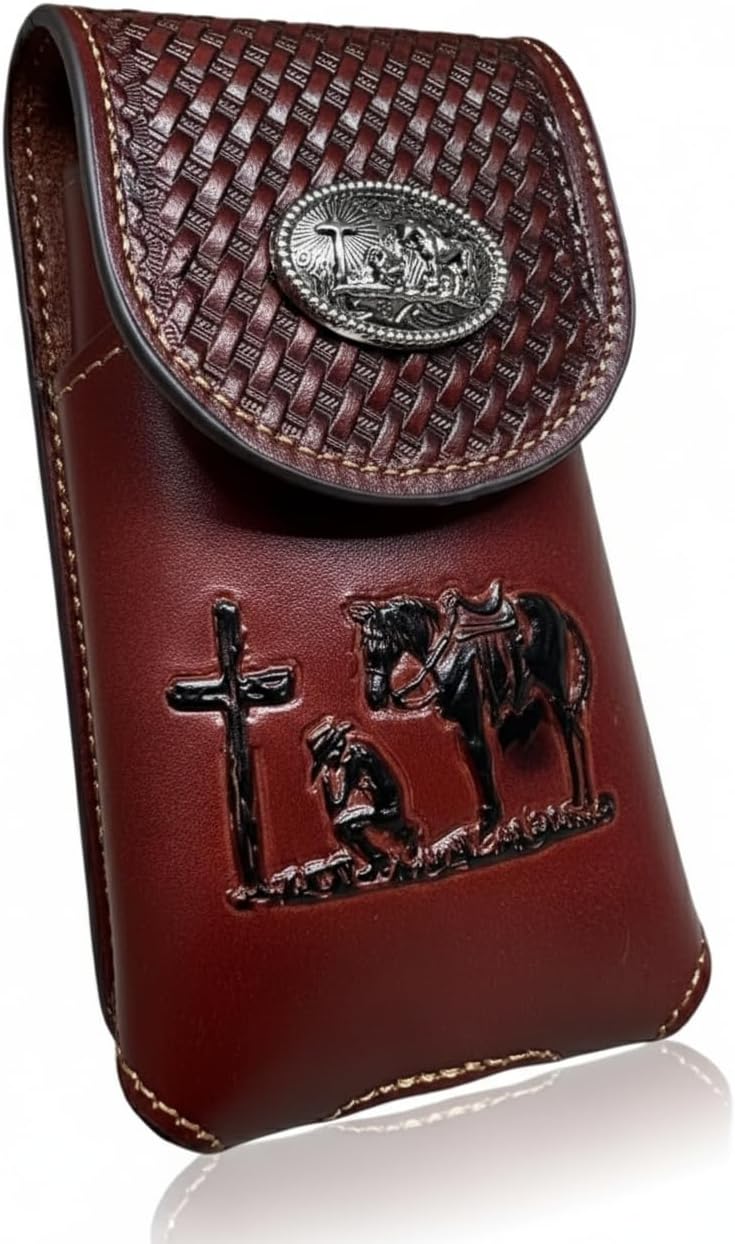 Basketweave Praying Cowboy Concho Holster — Burgundy