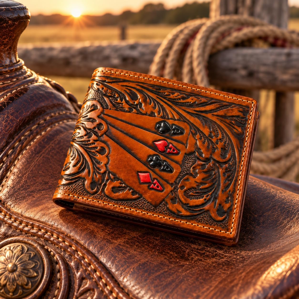 Embossed Four Aces Poker Bifold — Brown