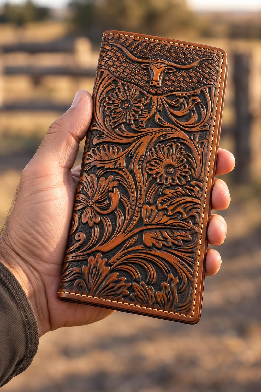Embossed Longhorn Steer Long — Brown