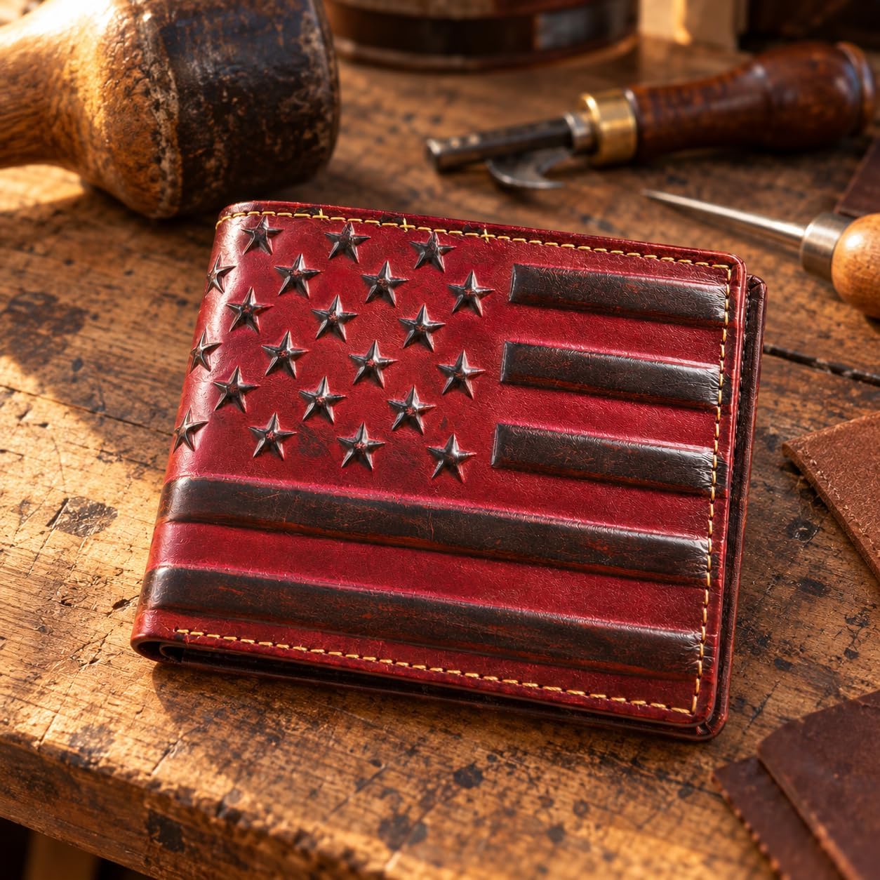 Embossed American Flag Bifold — Burgundy