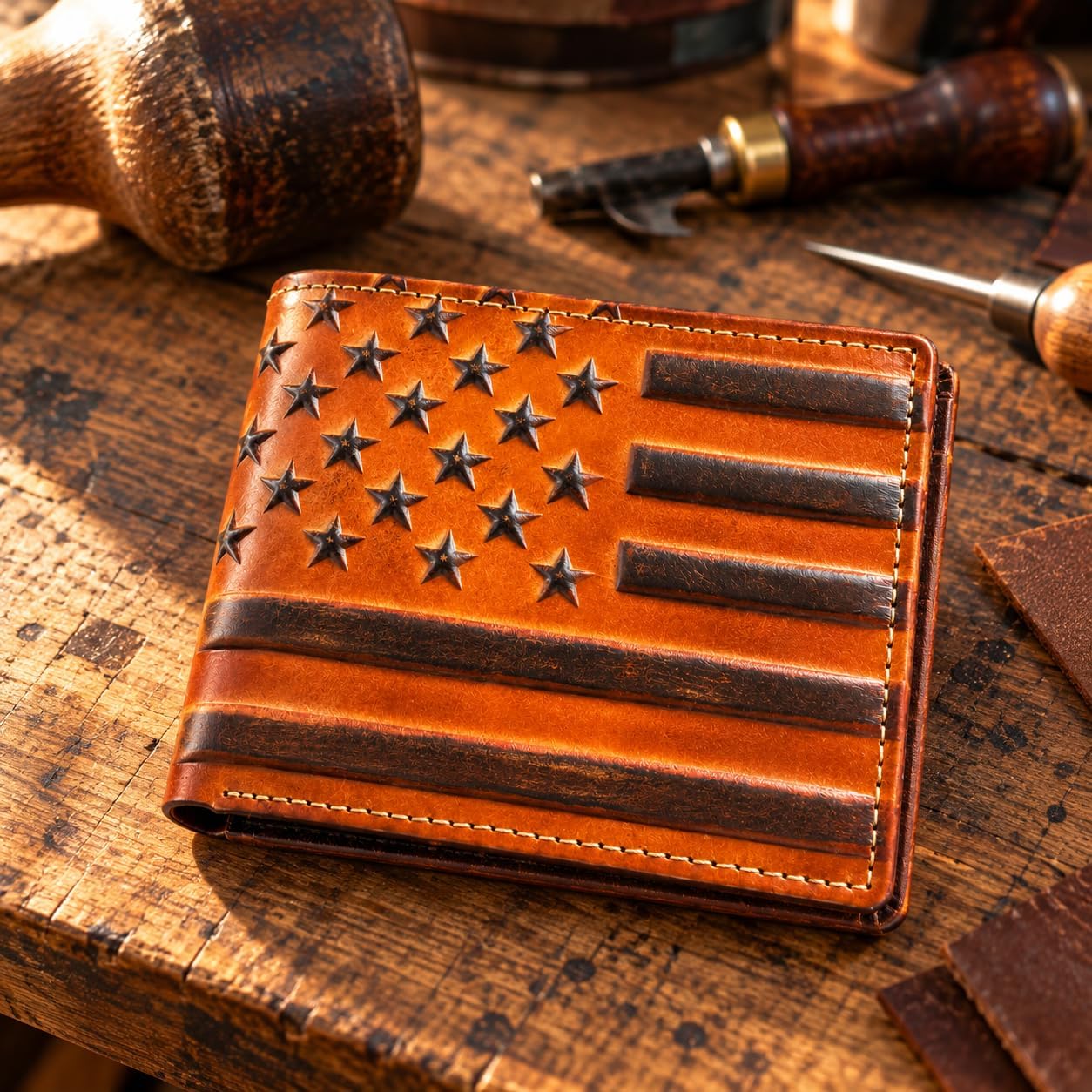 Embossed American Flag Bifold — Brown
