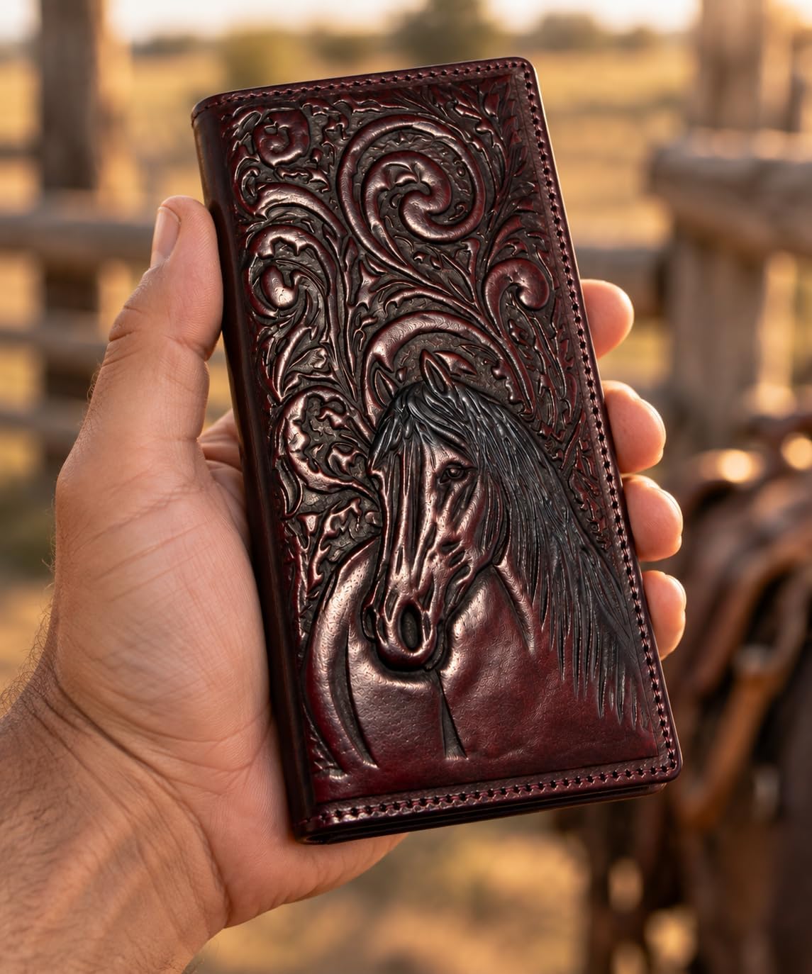 Embossed Horse Long — Burgundy