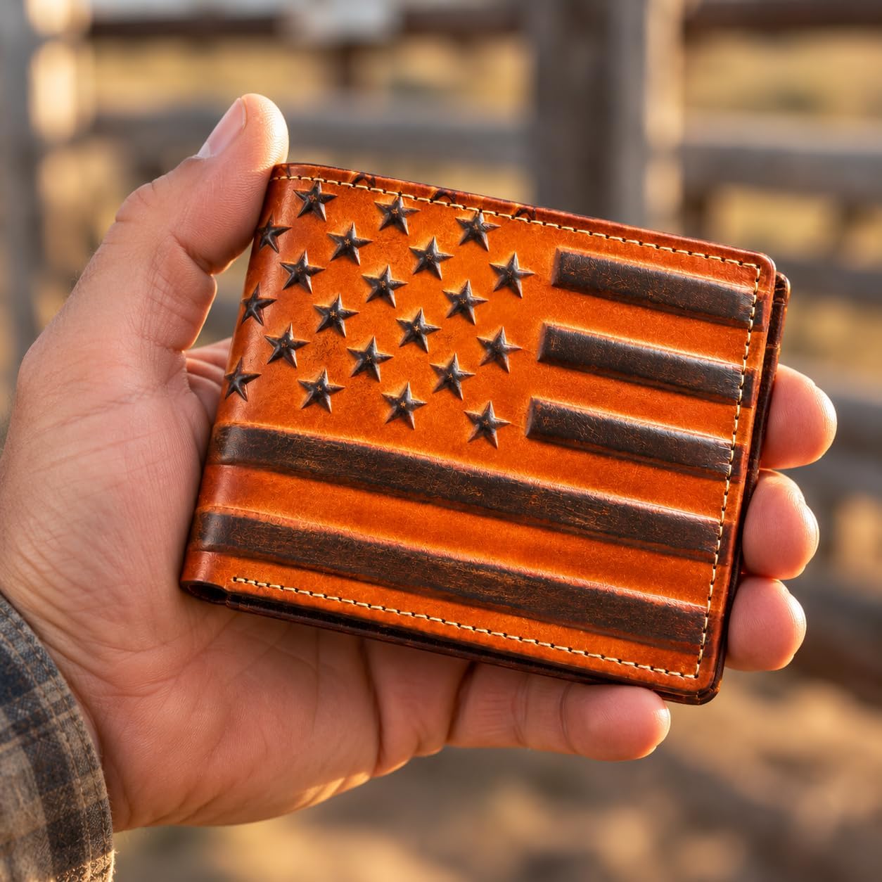 Embossed American Flag Bifold — Brown