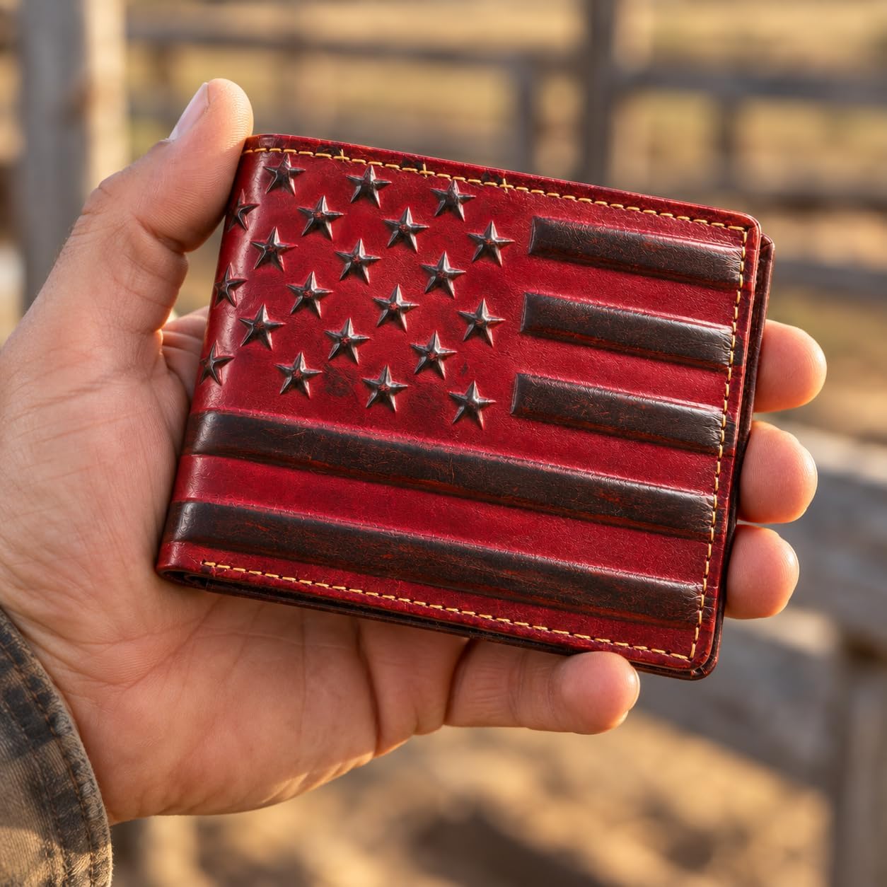 Embossed American Flag Bifold — Burgundy