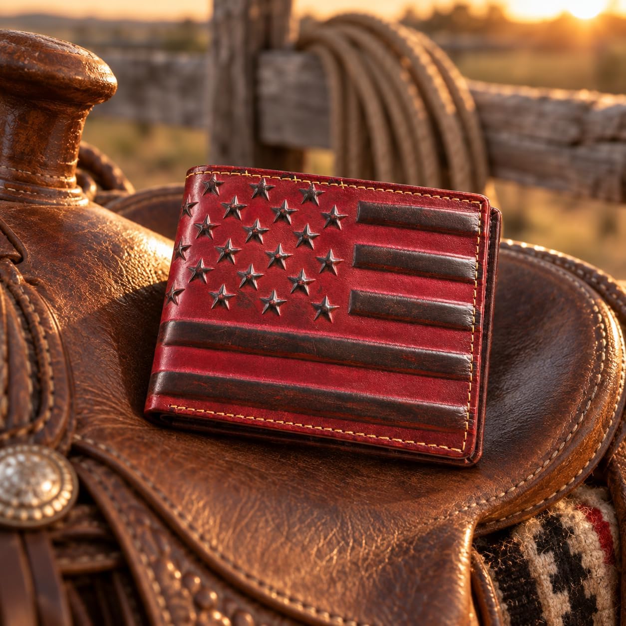 Embossed American Flag Bifold — Burgundy