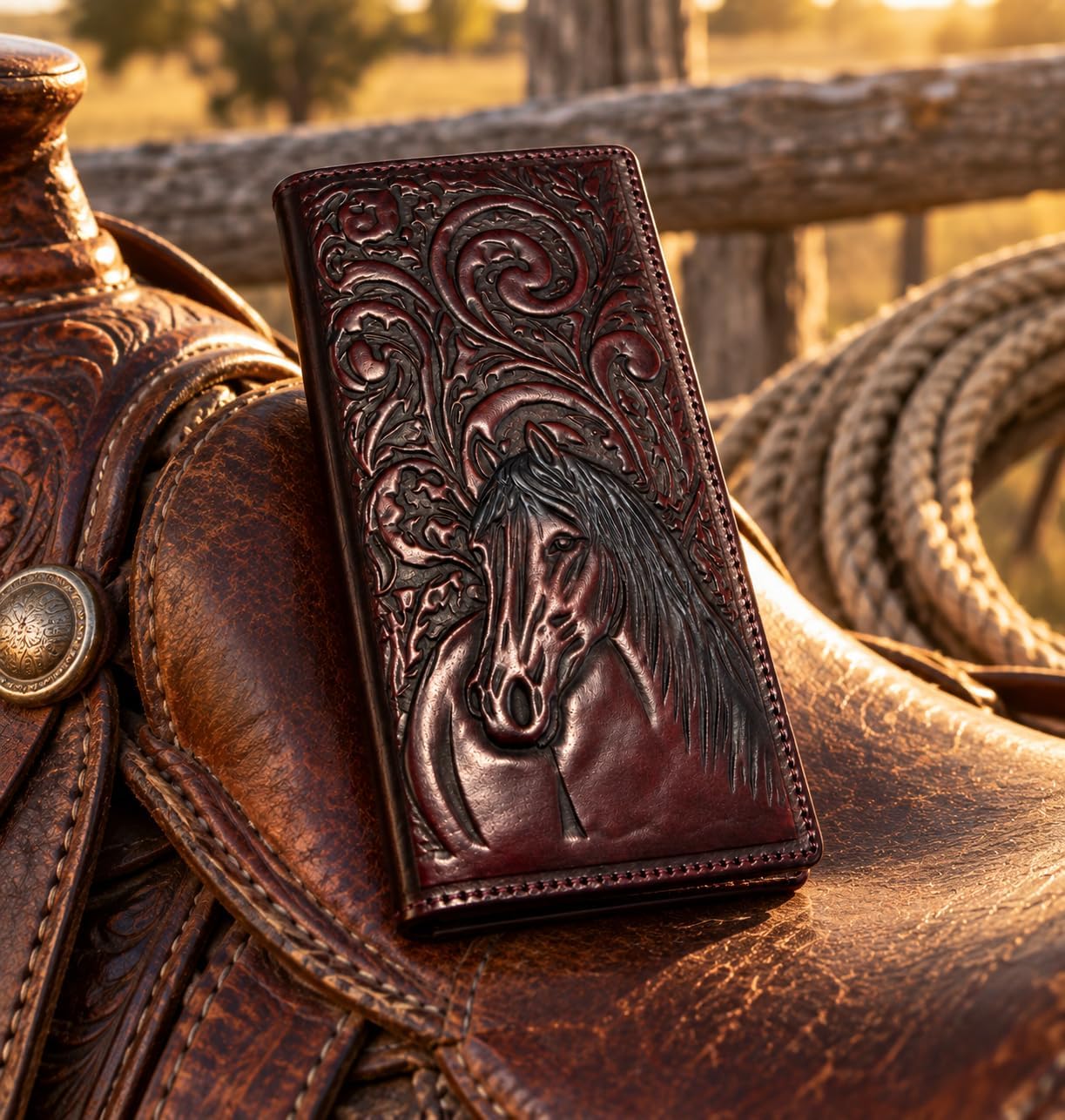 Embossed Horse Long — Burgundy