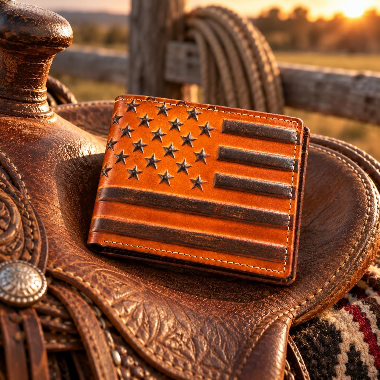 Embossed American Flag Bifold — Brown
