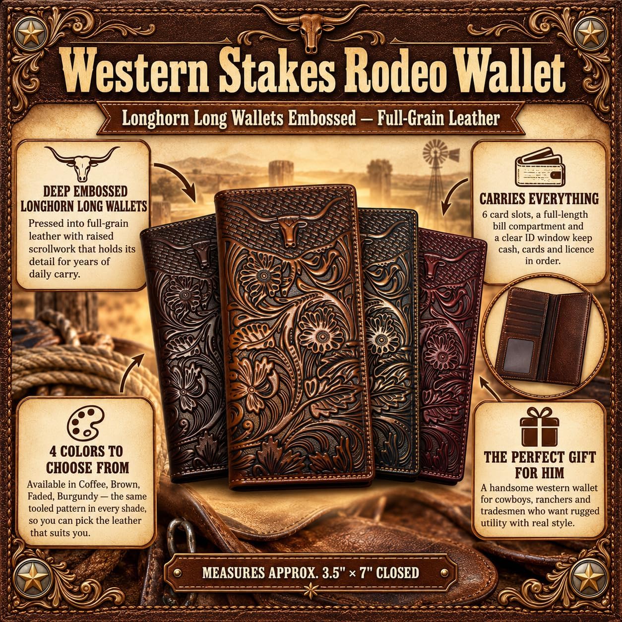 Embossed Longhorn Steer Long — Brown