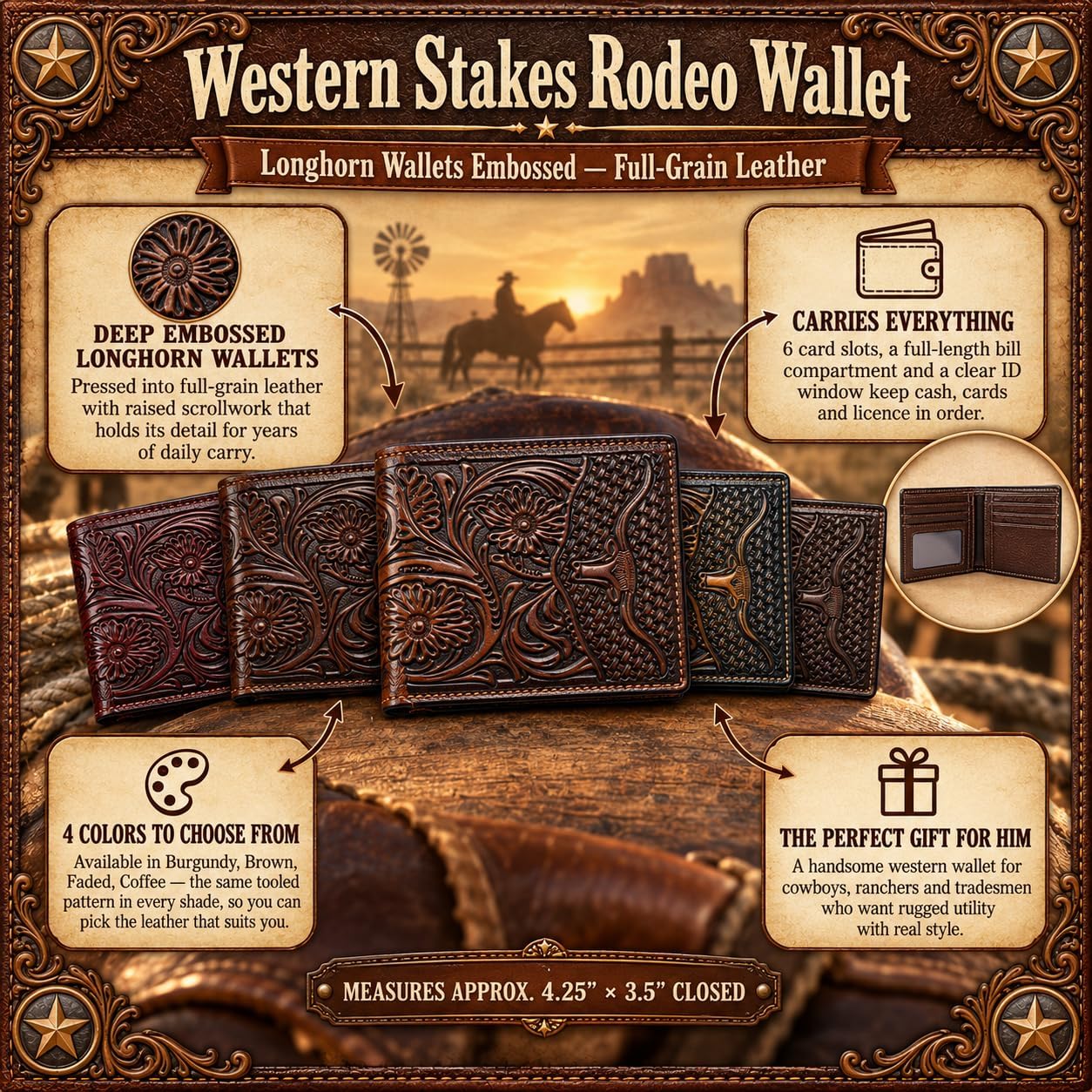 Embossed Longhorn Steer Bifold — Burgundy