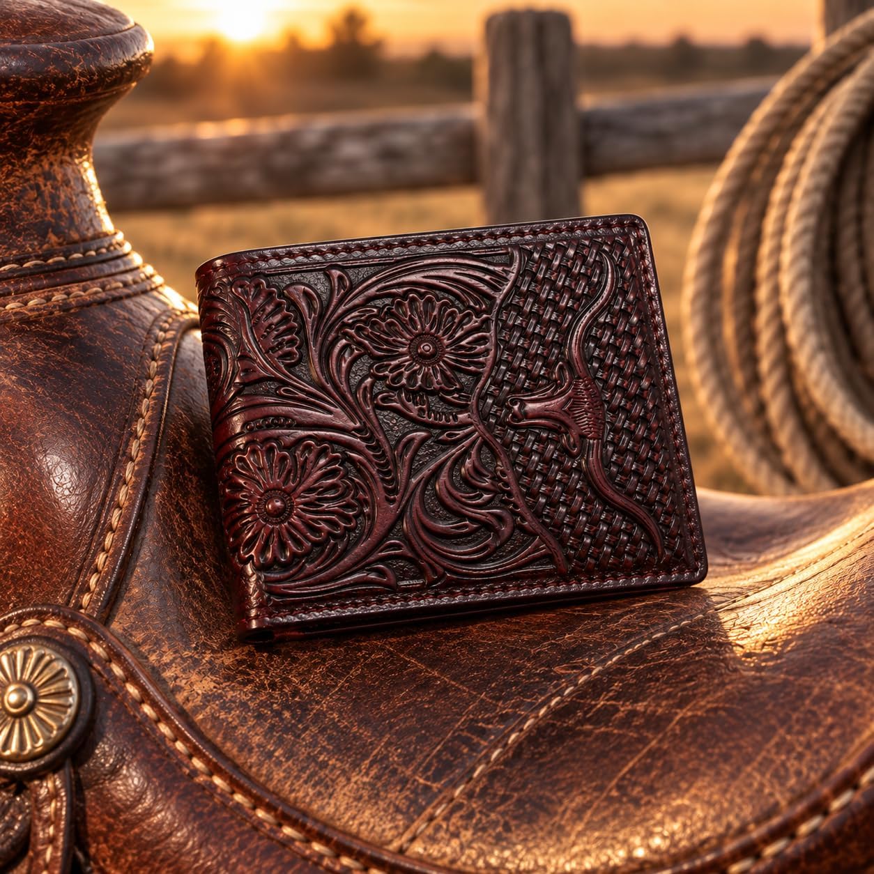 Embossed Longhorn Steer Bifold — Burgundy