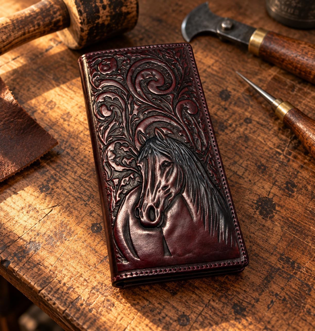 Embossed Horse Long — Burgundy