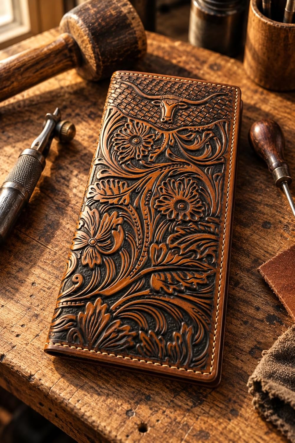 Embossed Longhorn Steer Long — Brown