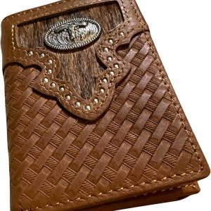 Basketweave Concho Tri-Fold — Praying Cowboy · Tan
