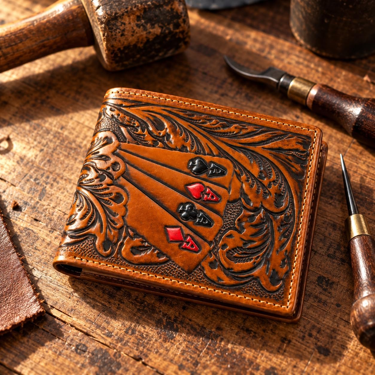 Embossed Four Aces Poker Bifold — Brown
