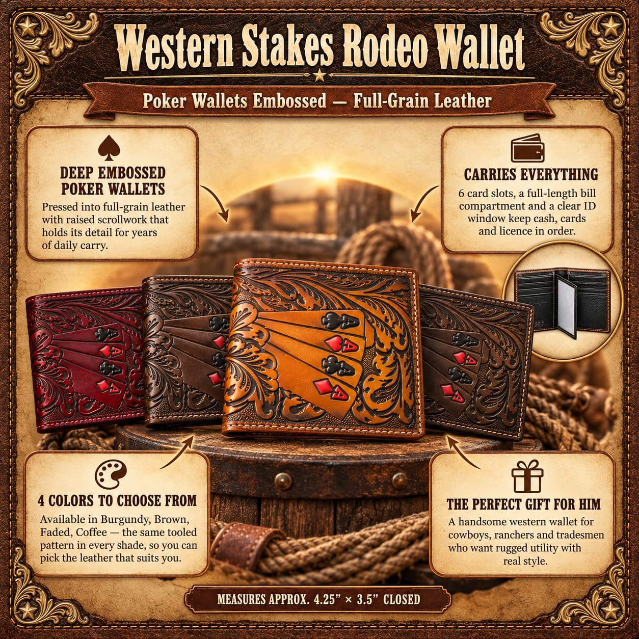 Embossed Four Aces Poker Bifold — Brown