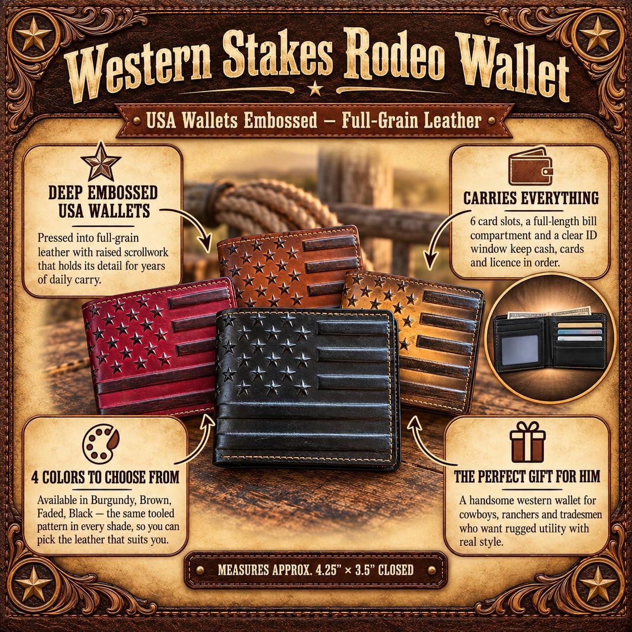 Embossed American Flag Bifold — Burgundy