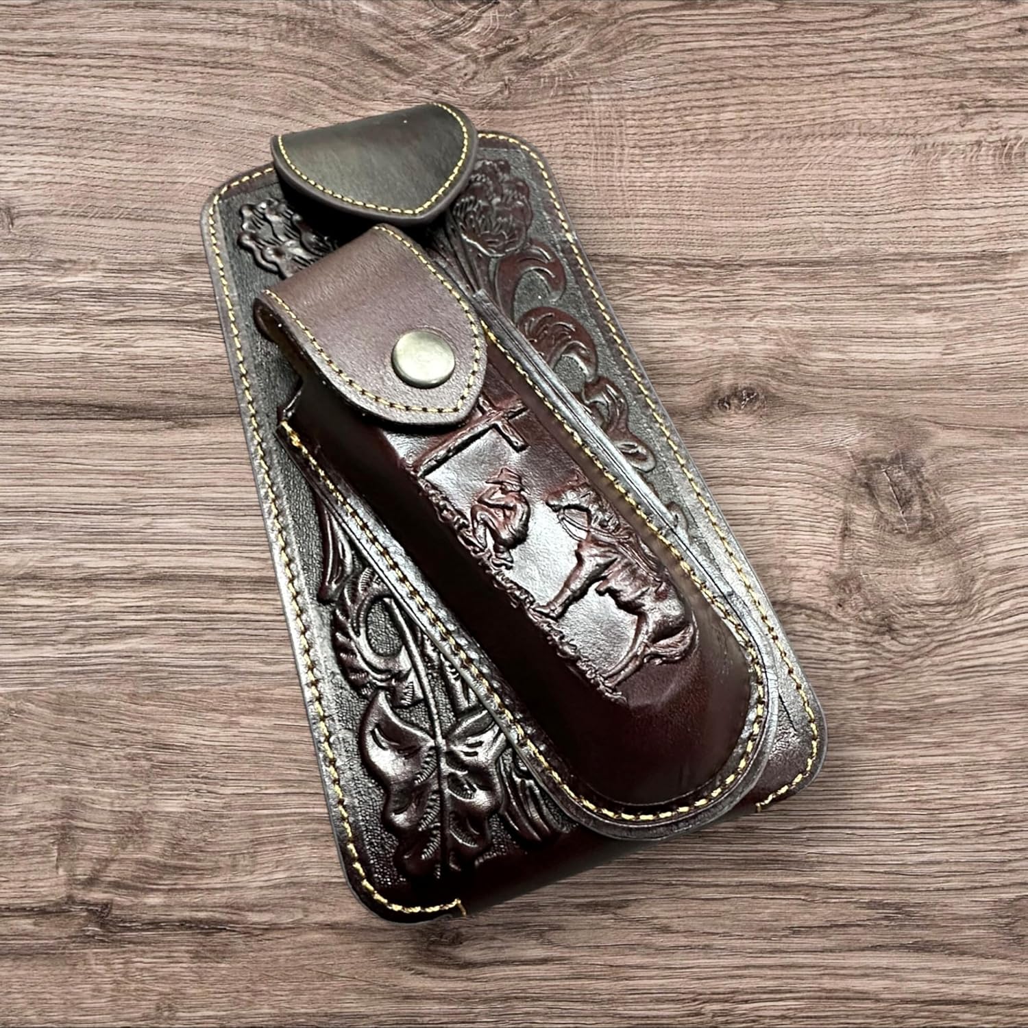 Floral Praying Cowboy Holster with Knife Holder — Dark Brown