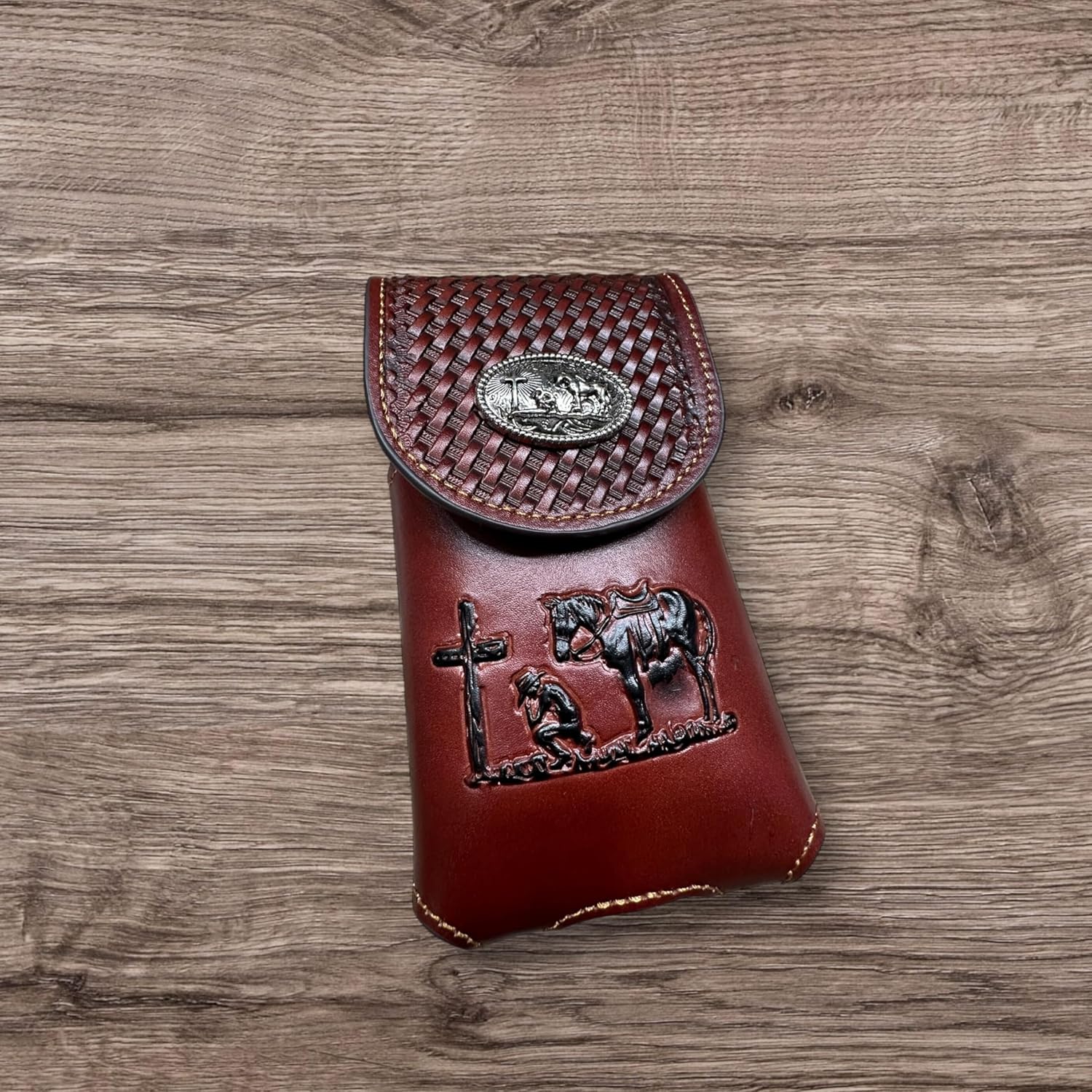 Basketweave Praying Cowboy Concho Holster — Burgundy