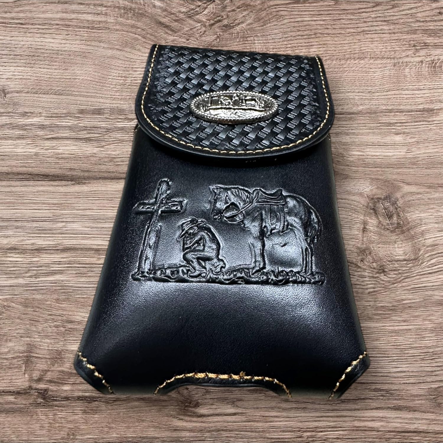 Basketweave Praying Cowboy Concho Holster — Black