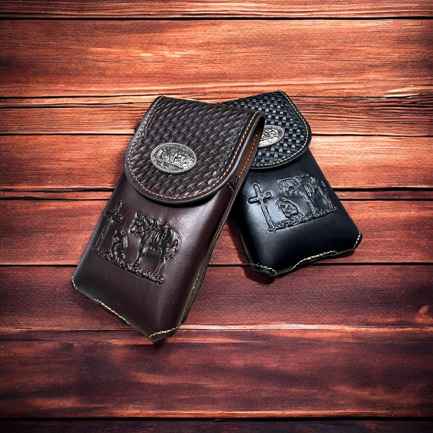 Basketweave Praying Cowboy Concho Holster — Black