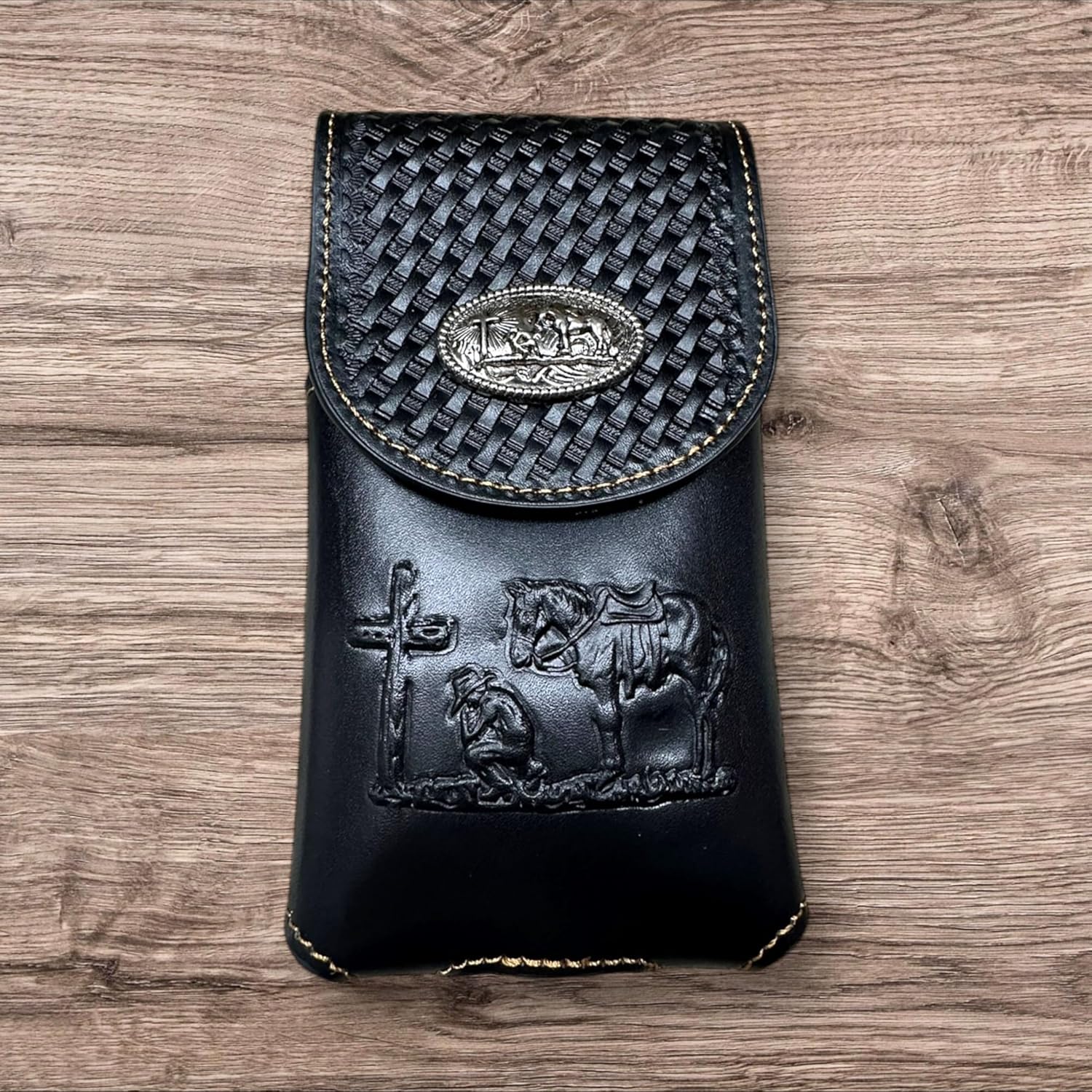 Basketweave Praying Cowboy Concho Holster — Black