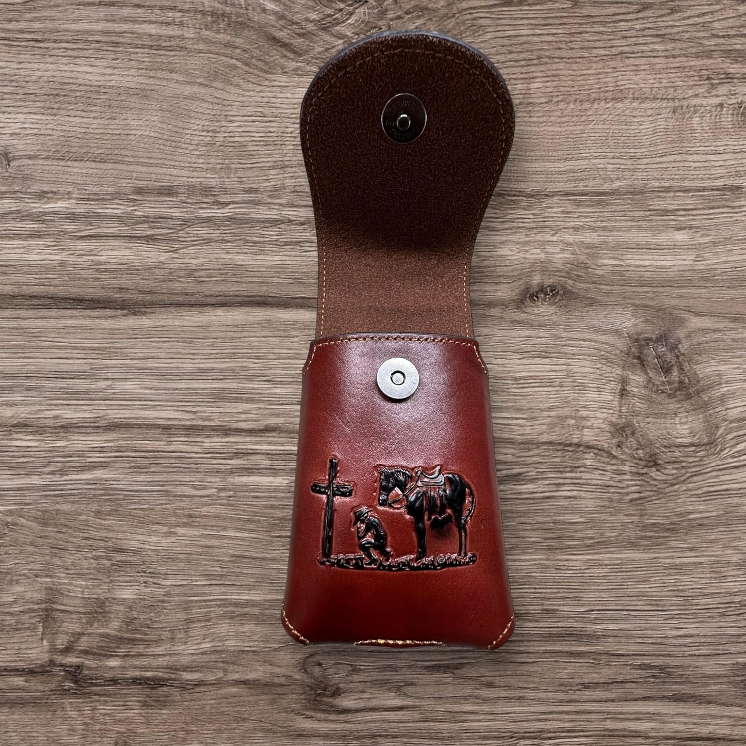 Basketweave Praying Cowboy Concho Holster — Burgundy