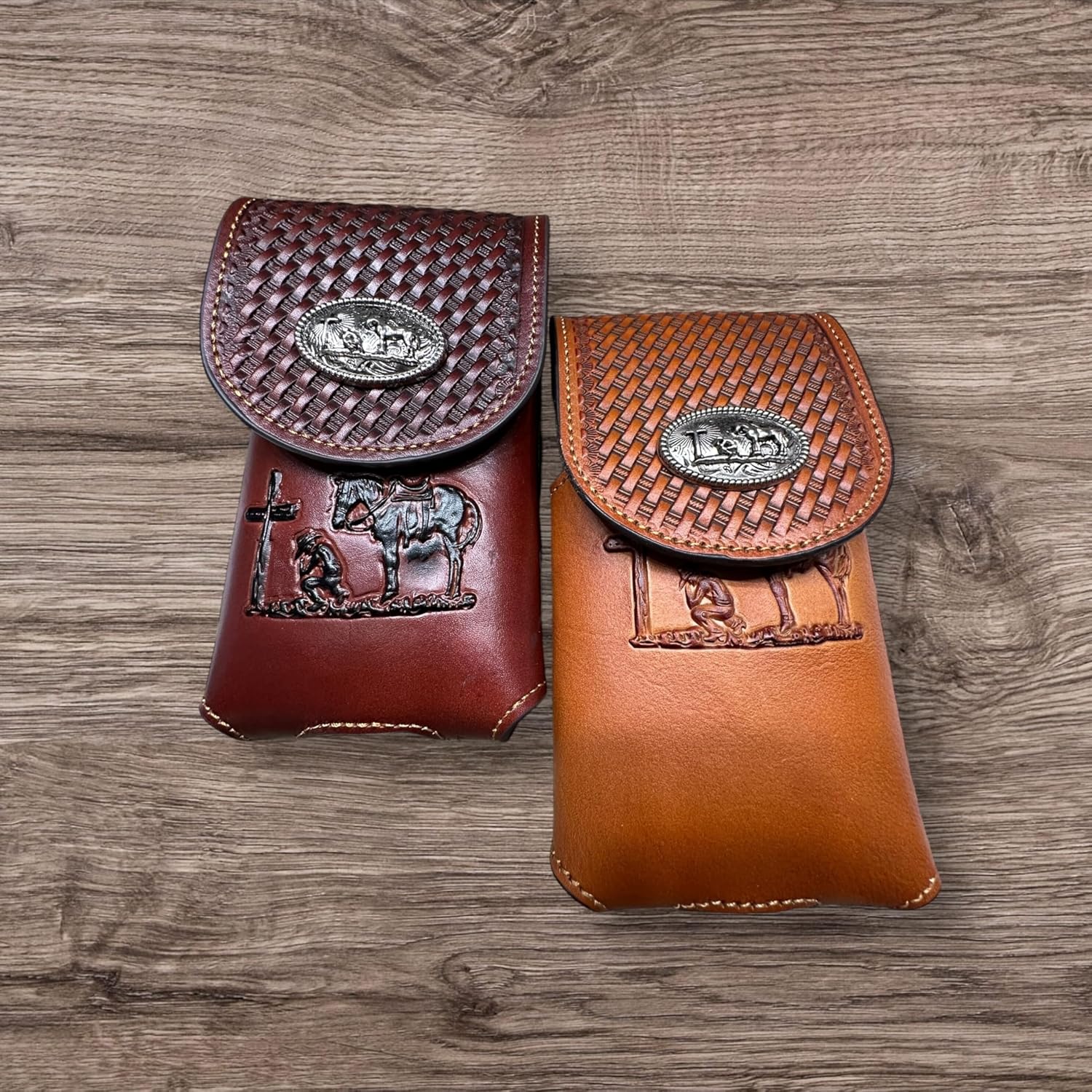 Basketweave Praying Cowboy Concho Holster — Burgundy